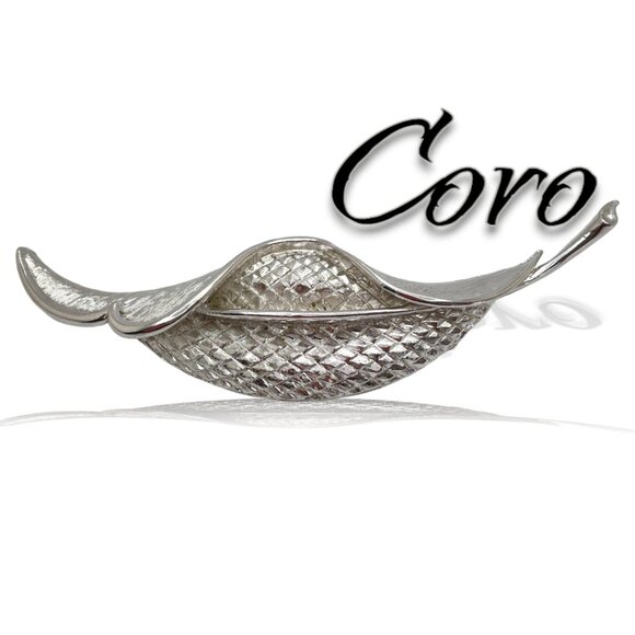 Vintage CORO Silver Tone Morning Leaf Brooch Pin Signed Designer Jewelry Texture - Picture 4 of 10